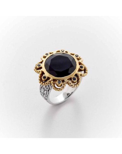 Anello in argento e ottone con onice nera dolce e zirconi neri