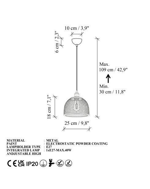 Berk-16400-7-A schwarzer Kronleuchter -H.30 bis 109 cm