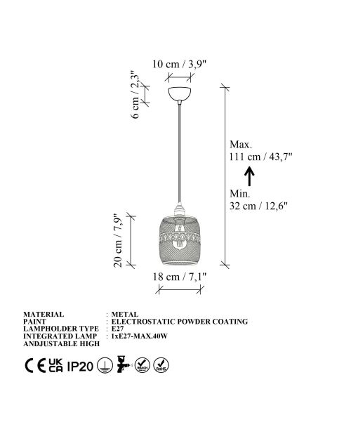 Berk-16400-4-A schwarzer Kronleuchter -H.32 bis 111 cm