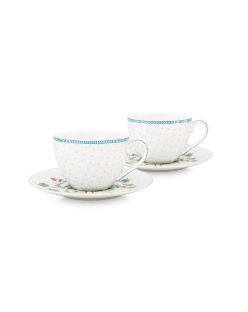 Set mit 2 Paar hübschen Teetassen, weiß/goldfarben, 280 ml