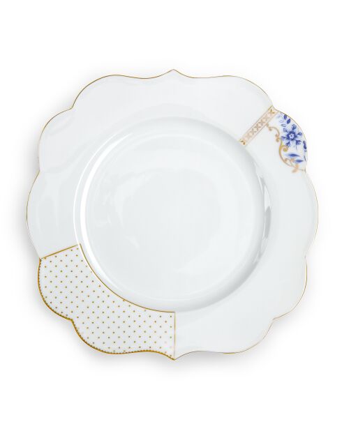 6 weiße Speiseteller, königlich dekoriert, 28 cm