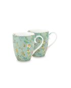 Coffret 2 grands mugs Jolie fleurs bleu blanc/or - 350ml