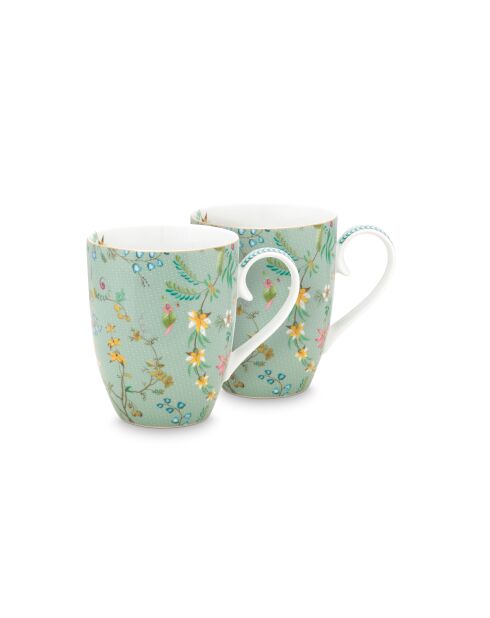 Coffret 2 grands mugs Jolie fleurs bleu blanc/or - 350ml