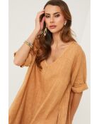 Galinia kameelkleurige linnen jurk