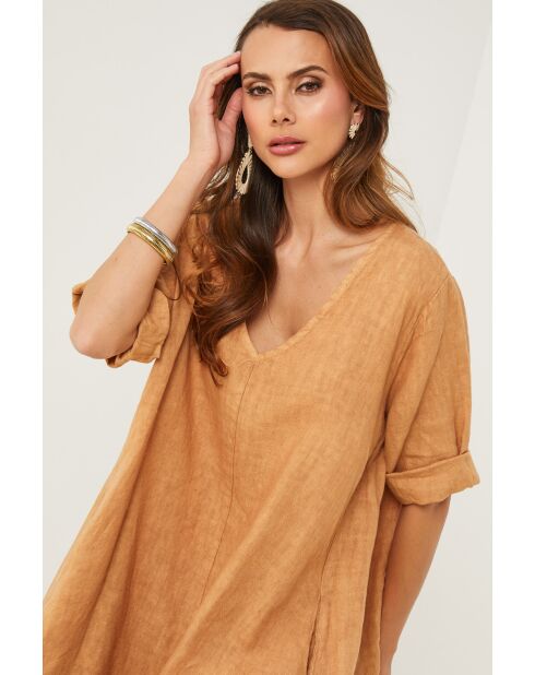 Galinia kameelkleurige linnen jurk