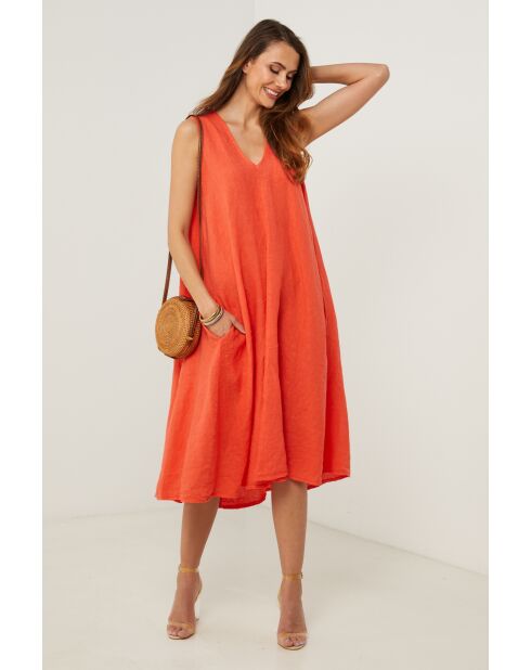 Koraalkleurige linnen jurk van Merkiel