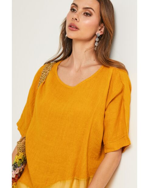 Bodiz mosterdkleurige linnen top