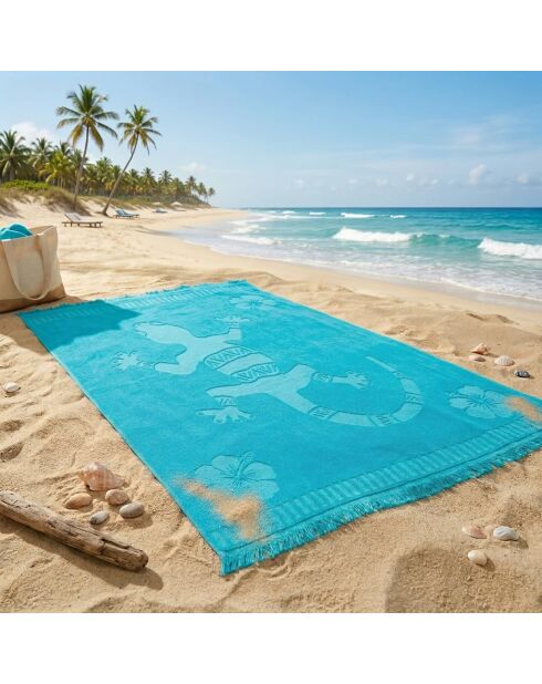 Strandtuch XL Samtfrottee Jacquard gemeißelt Caymanblau - 140x180 cm