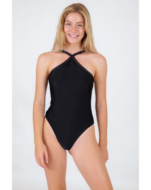 Shimmer zwart badpak uit één stuk met hoge hals
