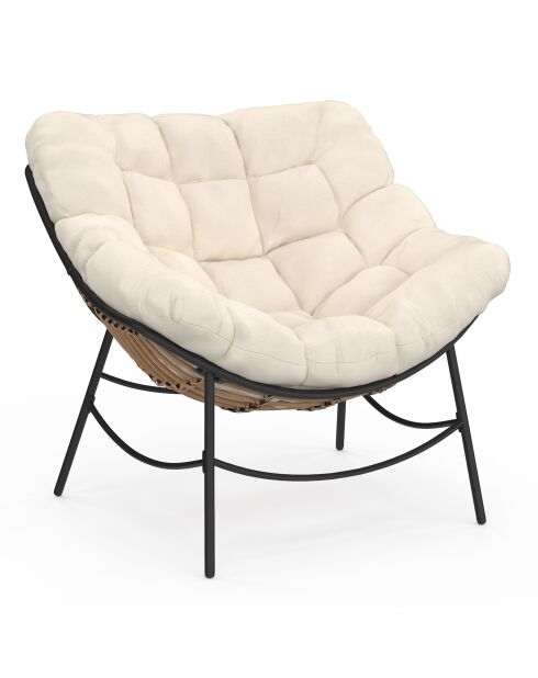 Fauteuil de jardin Lois rotin et coussin écru - 85x90x74.5cm