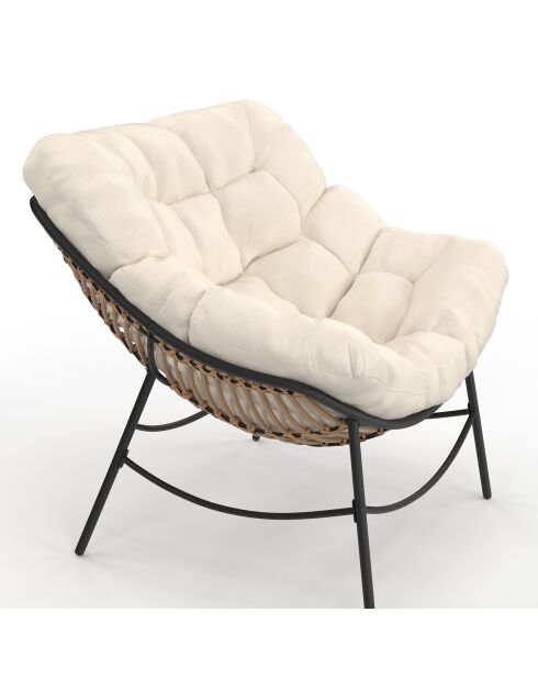 Fauteuil de jardin Lois rotin et coussin écru - 85x90x74.5cm