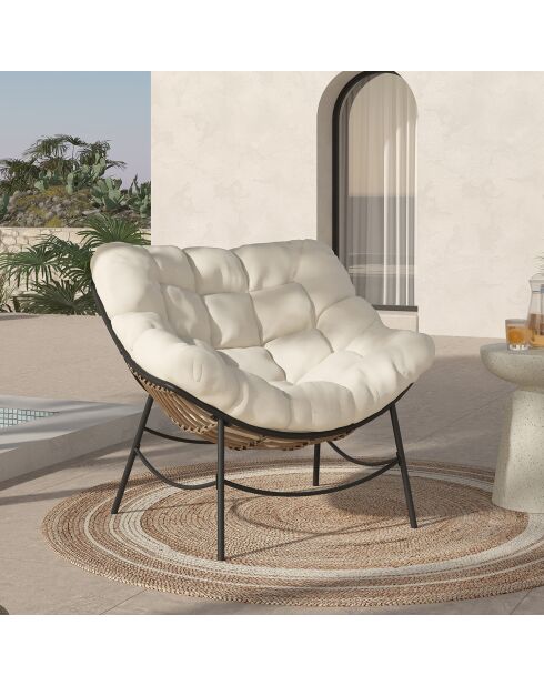 Fauteuil de jardin Lois rotin et coussin écru - 85x90x74.5cm