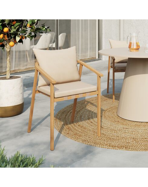 Set de 4 sillas de jardín Paros de metal efecto madera y beige, 51 x 63 x 73 cm