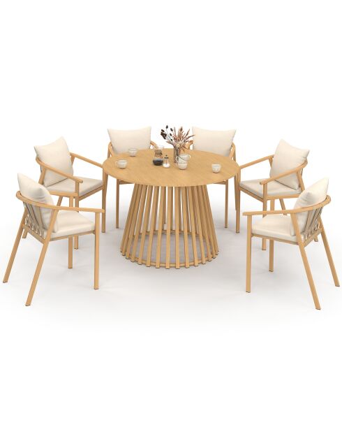 Ensemble repas Hortensia 6 places métal effet bois beige