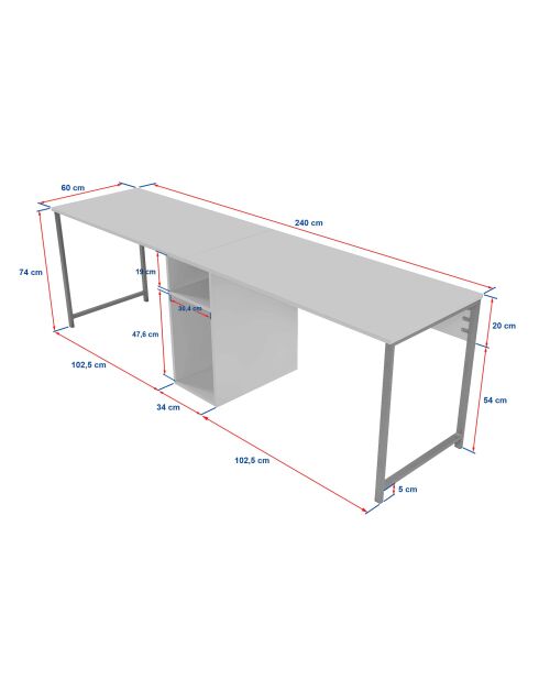 Bureau double Blanc/Or - 240x74x60 cm