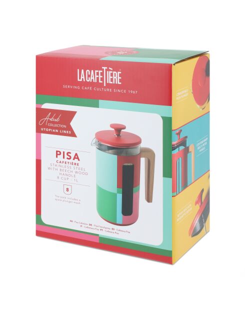 Caffettiera francese LC Pisa block da 8 tazze con manico in legno rosso - 1L