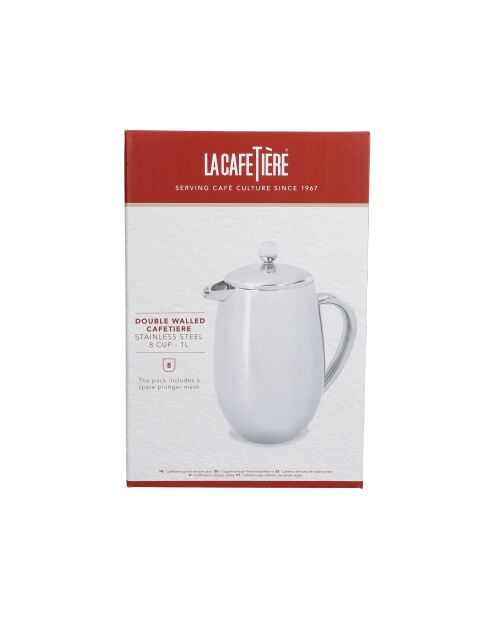 LC dubbelwandige Franse pers van zilverkleurig roestvrij staal met 8 kopjes - 1L