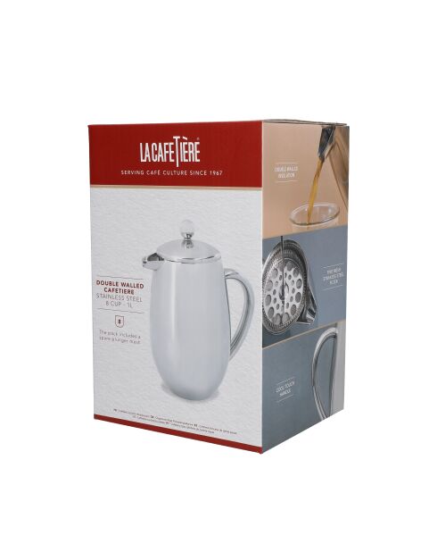 LC dubbelwandige Franse pers van zilverkleurig roestvrij staal met 8 kopjes - 1L