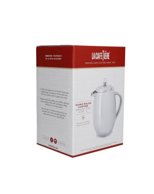 LC dubbelwandige Franse pers van zilverkleurig roestvrij staal met 8 kopjes - 1L