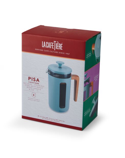LC Pisa 8-kops koffiezetapparaat voor Franse pers met blauwe houten handgreep - 1L