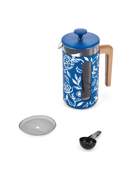 Caffettiera francese LC Pisa da 8 tazze in legno, fatta a mano con motivo floreale blu - 1L