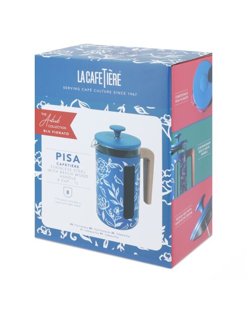Caffettiera francese LC Pisa da 8 tazze in legno, fatta a mano con motivo floreale blu - 1L