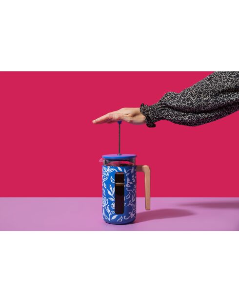 Caffettiera francese LC Pisa da 8 tazze in legno, fatta a mano con motivo floreale blu - 1L