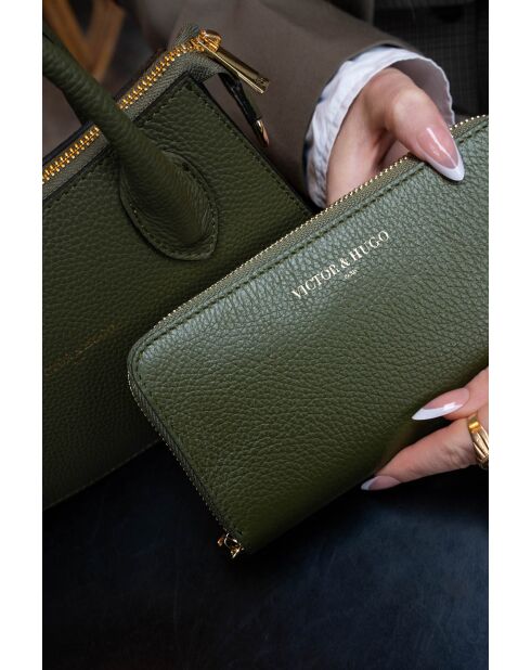 Portefeuille en cuir Selma vert bouteille - 20x10x3cm