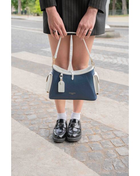 Sac porté épaule en cuir Kate bleu marine/blanc