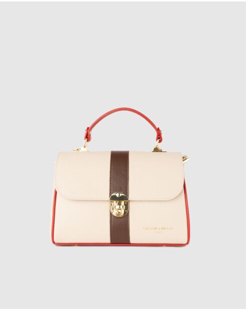 Sac à main en cuir Giverny marron + beige + rouge - 26 x18 x10 cm