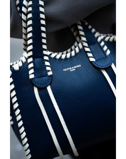 Kamelia leren handtas marineblauw/gebroken wit - 20x25x9cm