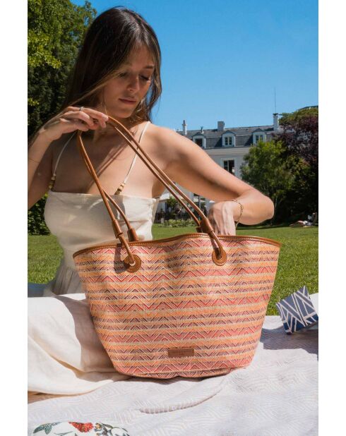 Sac cabas en cuir Solea cognac / multi bordeaux - 50 x28x18cm