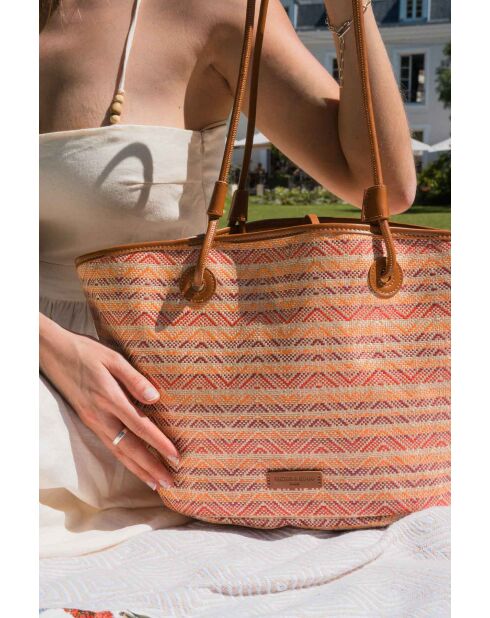 Sac cabas en cuir Solea cognac / multi bordeaux - 50 x28x18cm