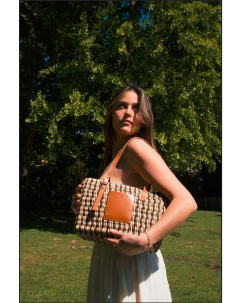 Azura leren draagtas cognac/multi beige - 28 x20 x11cm