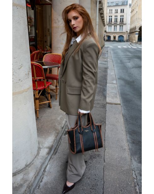 Kamelia zwarte en bruine leren handtas - 20x25x9cm