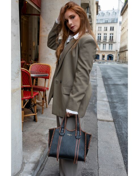 Kamelia zwarte en bruine leren handtas - 20x25x9cm