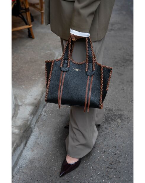 Kamelia zwarte en bruine leren handtas - 20x25x9cm