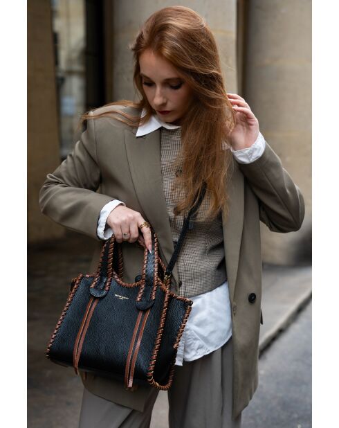 Kamelia zwarte en bruine leren handtas - 20x25x9cm