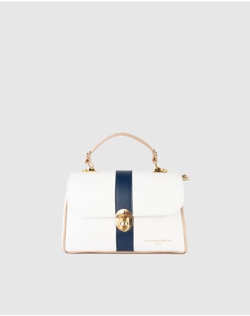 Sac à main en cuir Giverny bleu marine + blanc casse + rose poudre - 26 x18 x10 cm