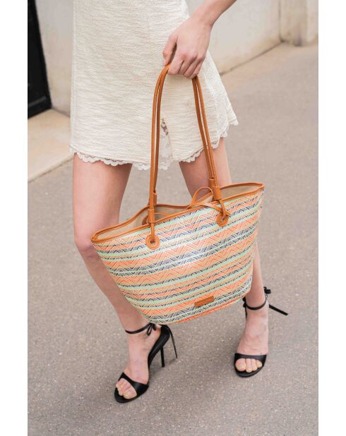 Sac cabas en cuir Solea cognac / multi bleu - 50 x28x18cm