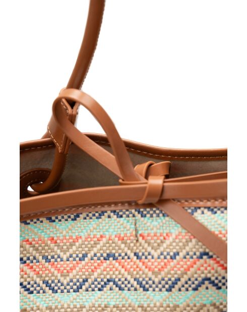 Sac cabas en cuir Solea cognac / multi bleu - 50 x28x18cm