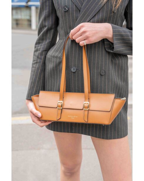 Schultertasche Briana Box aus camelfarbenem Leder