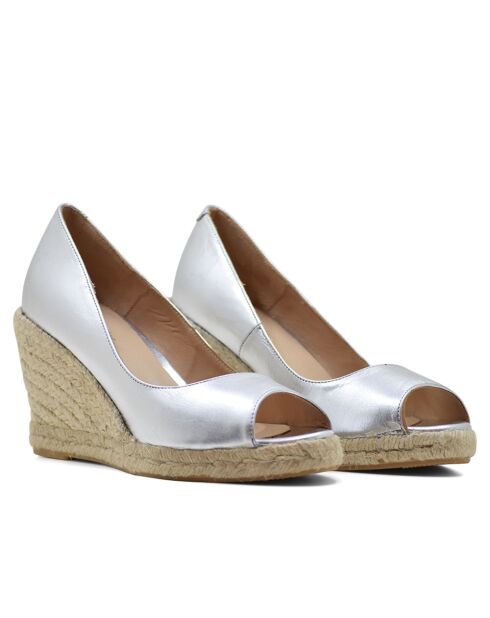 Compensées en cuir F-3508 argenté métallisé - - Talon 8,5 cm