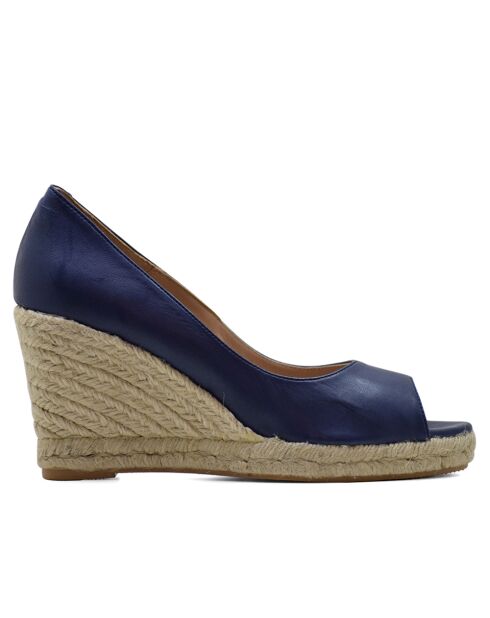 Navyblaue Keilabsätze aus Tucu-Leder mit offener Spitze - Absatz: 8,5 cm