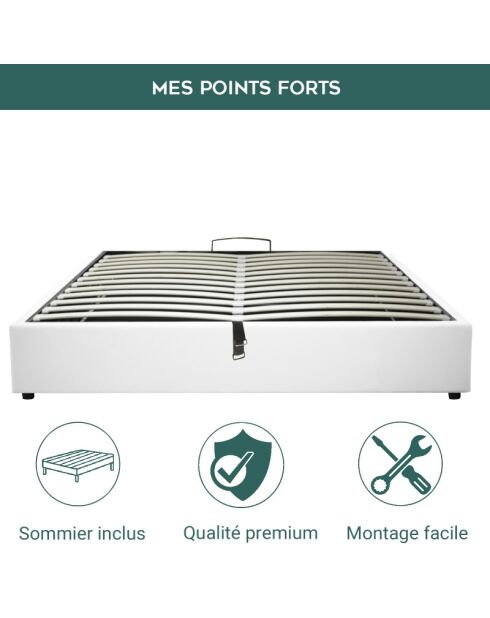 Incluye cama tipo baúl con piel sintética blanca, 200 x 200 cm