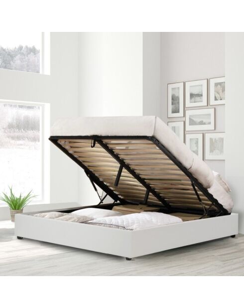 Incluye cama tipo baúl con piel sintética blanca, 200 x 200 cm