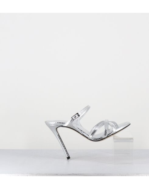 Silberne Pantolettensandalen aus Leder mit hohem Absatz — 11,5 cm Absatz