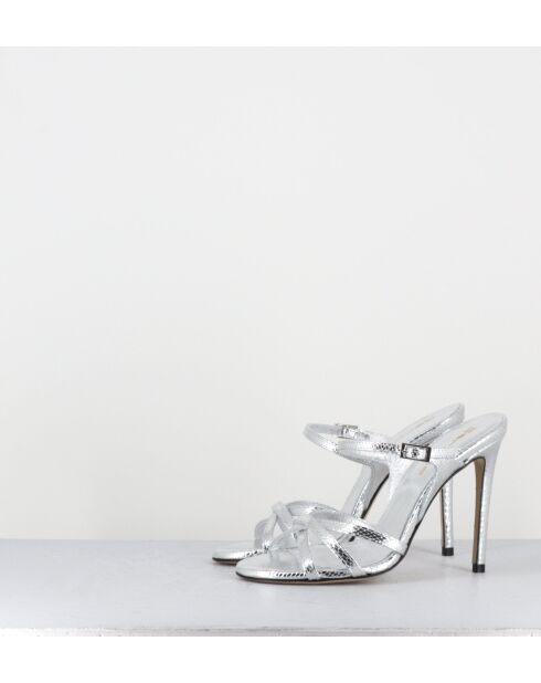 Silberne Pantolettensandalen aus Leder mit hohem Absatz — 11,5 cm Absatz