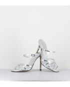 Silberne Pantolettensandalen aus Leder mit hohem Absatz — 11,5 cm Absatz