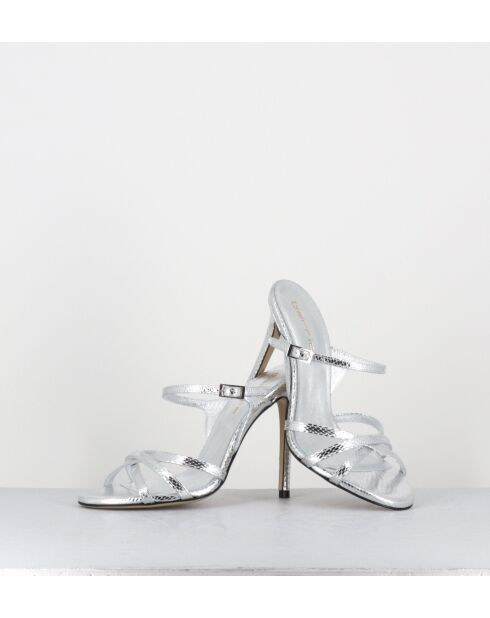 Silberne Pantolettensandalen aus Leder mit hohem Absatz — 11,5 cm Absatz